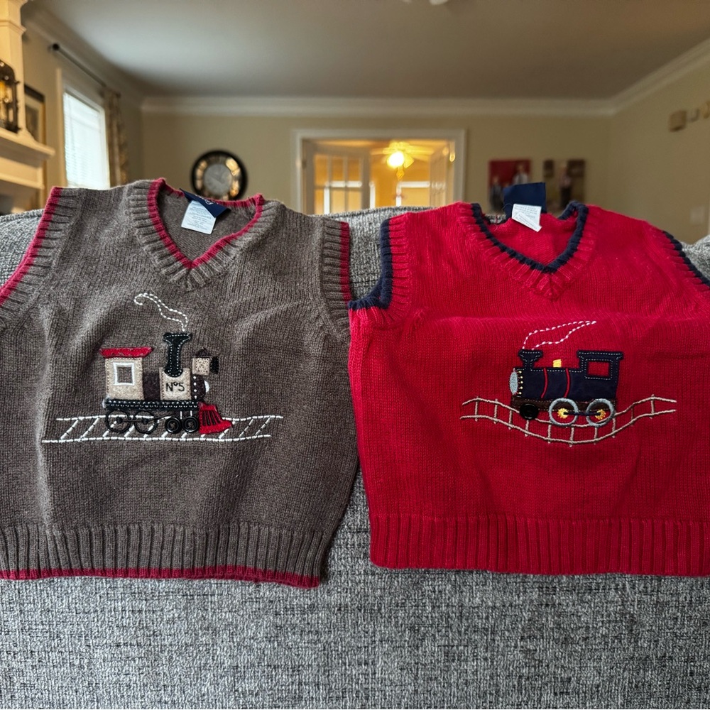(2) Kids Train Sweater Vest Set - Red and Brown 12 months